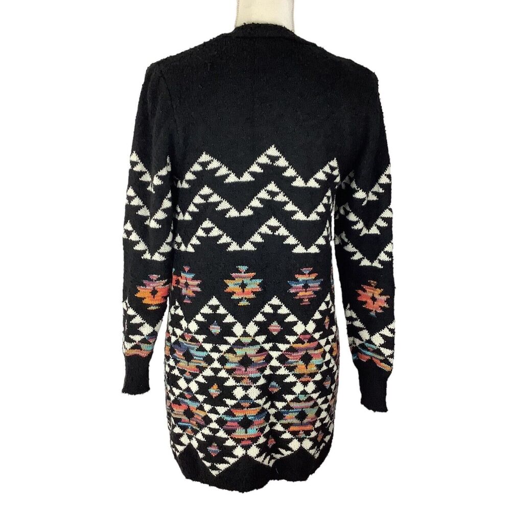 Long Aztec Western Open Front Cardigan Sweater Girls Jr M Women XS S Black Knit - Picture 5 of 15